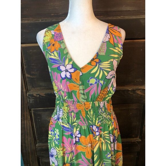 Easel Size S Dress Tropical Floral Sleeveless Flowy V Neck Long Maxi Green - Picture 4 of 11
